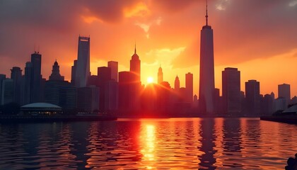 A stunning cityscape at sunset with glowing skyscrapers and serene water reflections.