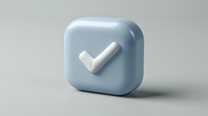 3D rendered light blue square button with white checkmark.