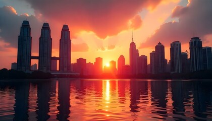 A stunning cityscape at sunset with glowing skyscrapers and serene water reflections.