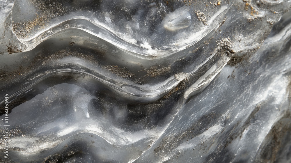 Poster aerial perspective of textured glacial ice over rocky surface highlighting glimmering patterns and u