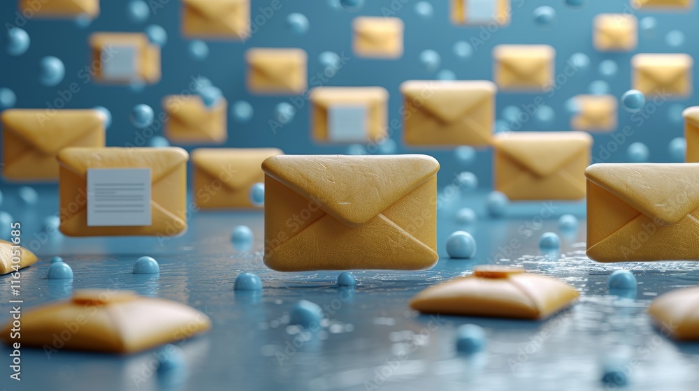 Poster 3d rendering of numerous yellow envelopes floating over a blue surface, representing email communica