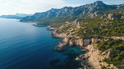 Fototapeta premium Aerial view of a rugged coastline featuring rocky shores and tranquil blue waters against a backdrop of majestic mountains