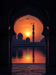 Mosque sunset islamic frame, vertical image, social media story, concept of night journey of isra mi'raj, ramadan, eid al-fitr, muharram, concept wallpaper. Copy space.