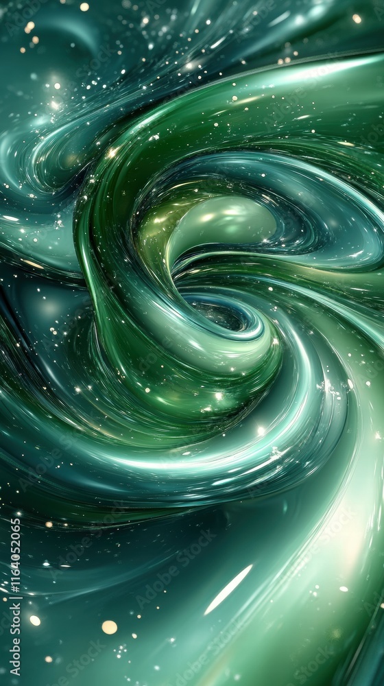 Poster a swirling abstract design in green and blue, evoking a cosmic or fluid atmosphere.