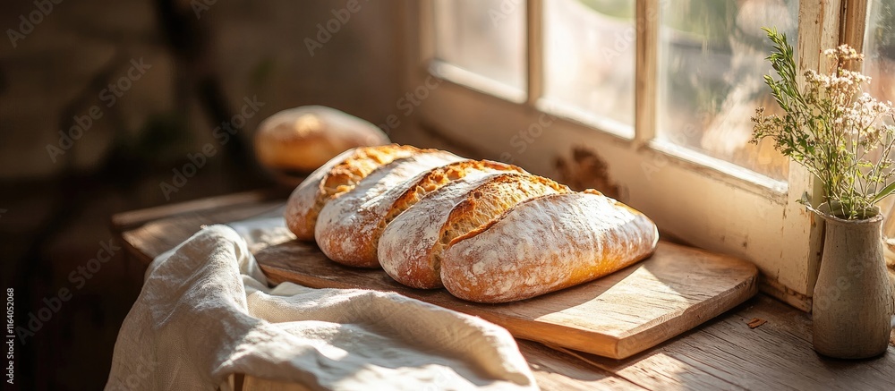 Poster freshly baked artisanal bread displayed on a rustic table bathed in warm sunlight creating a cozy an
