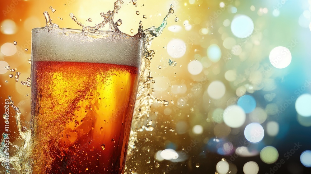 Poster colorful abstract background with beer splash and bokeh highlights in a glass with fluid jelly effec