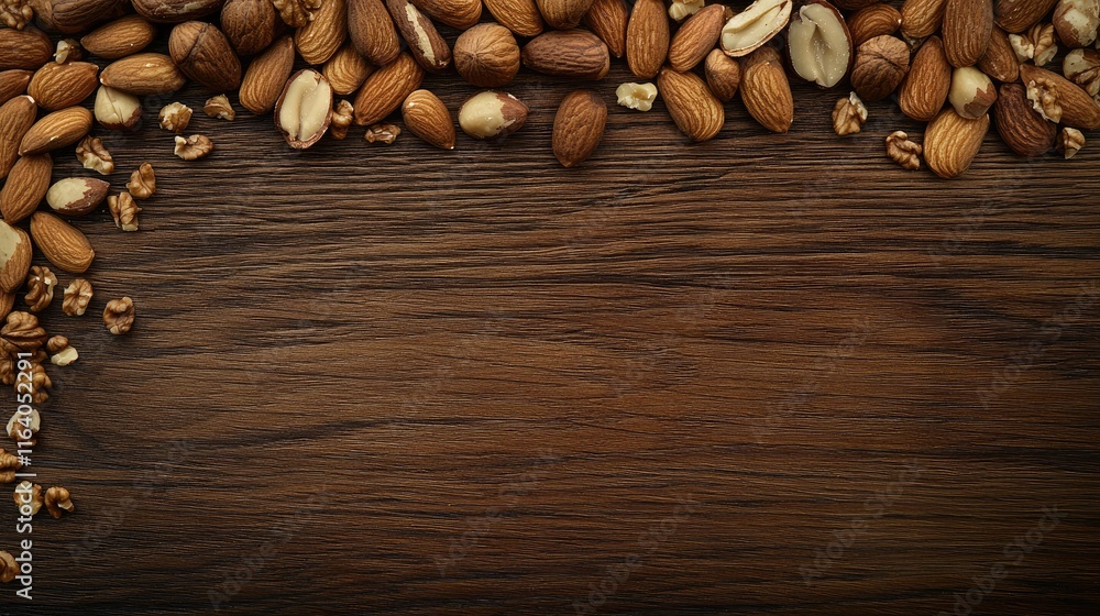 Poster assorted nuts including almonds walnuts and hazelnuts on rustic wooden table healthy snack options b