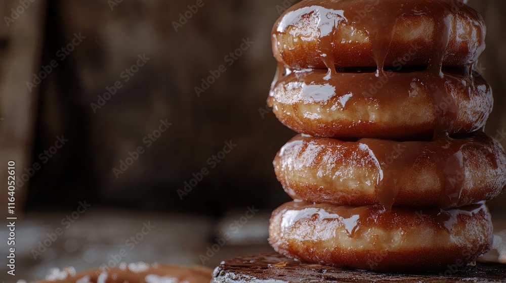 Poster a stack of deliciously glazed donuts creating an enticing and appetizing culinary display in warm, i