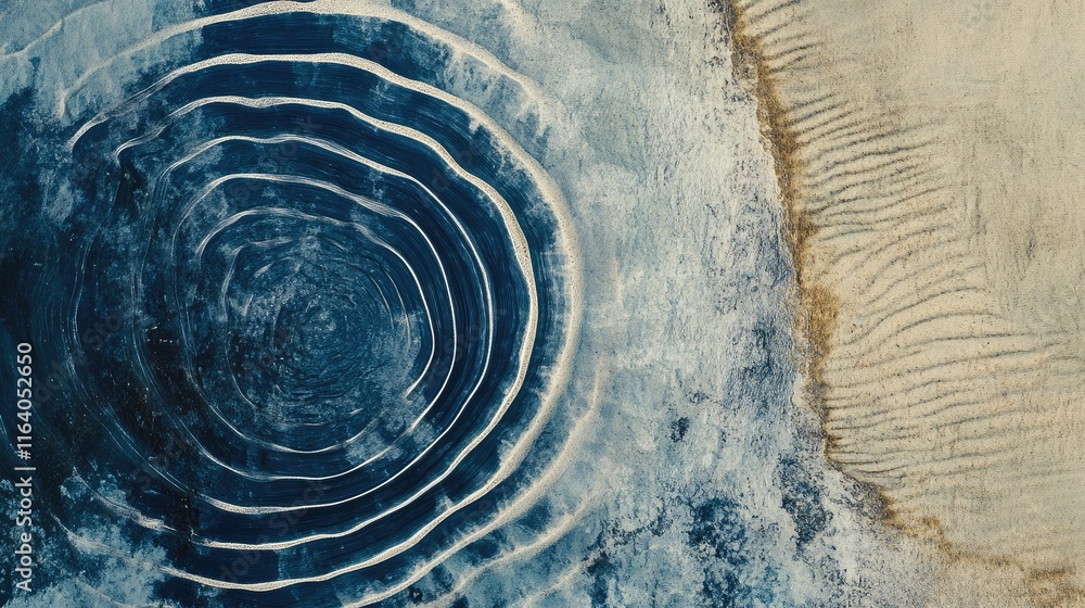 Poster aerial abstract seascape of sandy beach with waves and circular patterns highlighting coastal textur