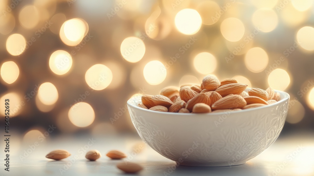 Poster almonds in a white bowl with a soft bokeh background creating a serene and inviting atmosphere for c