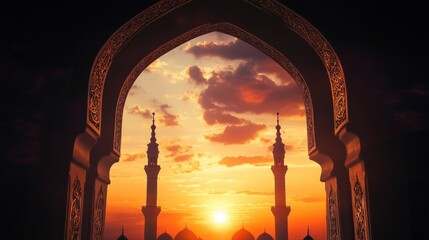 Naklejka premium Mosque sunset islamic frame, vertical image, social media story, concept of night journey of isra mi'raj, ramadan, eid al-fitr, muharram, concept wallpaper. Copy space.