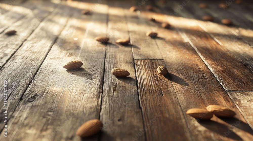 Poster almonds scattered on rustic wooden floor with natural light creating warm shadows and textures in a 