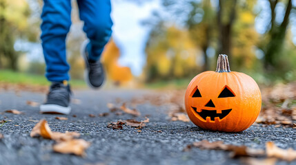Carved pumpkin on path, child running in autumn park.