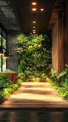 Naklejka premium Indoor vertical garden with lush green plants and wooden accents, illuminated by warm lights, combining natural and modern elements to create a peaceful eco-friendly ambiance.