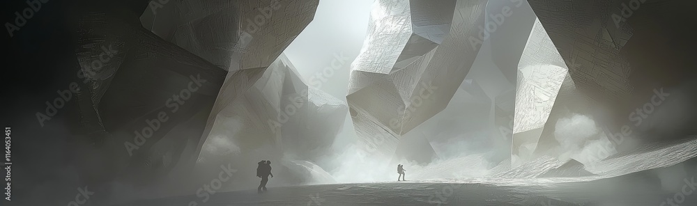 Poster abstract black crystal background in a 3d render, showing a faceted texture through a macro panorama