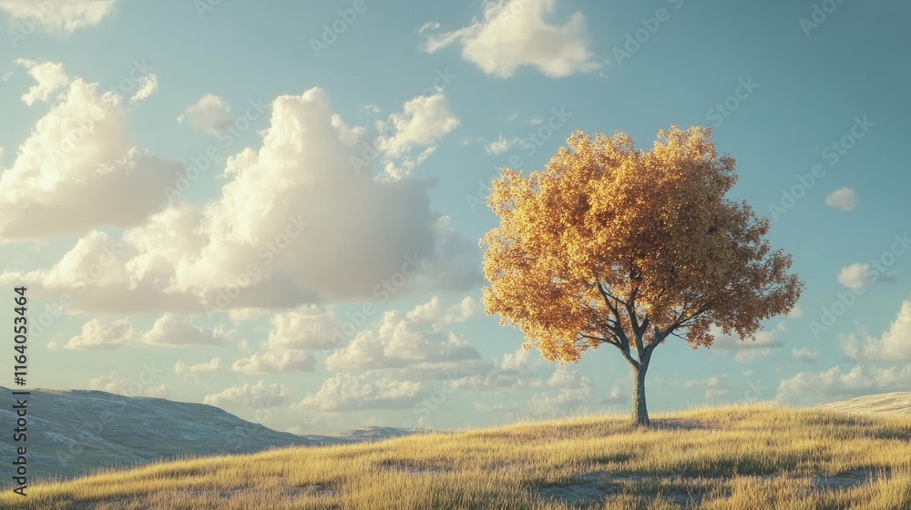 Poster solitary tree in a picturesque field under a blue sky with fluffy clouds creating a serene and tranq