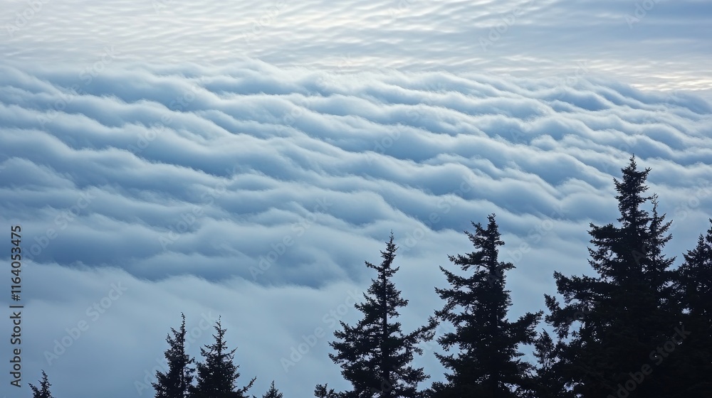 Poster serene view of altocumulus clouds rolling above forested landscape during twilight hours