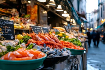 A vibrant display of fresh seafood at Venice famous Rialto Market, with vendors and customers interacting