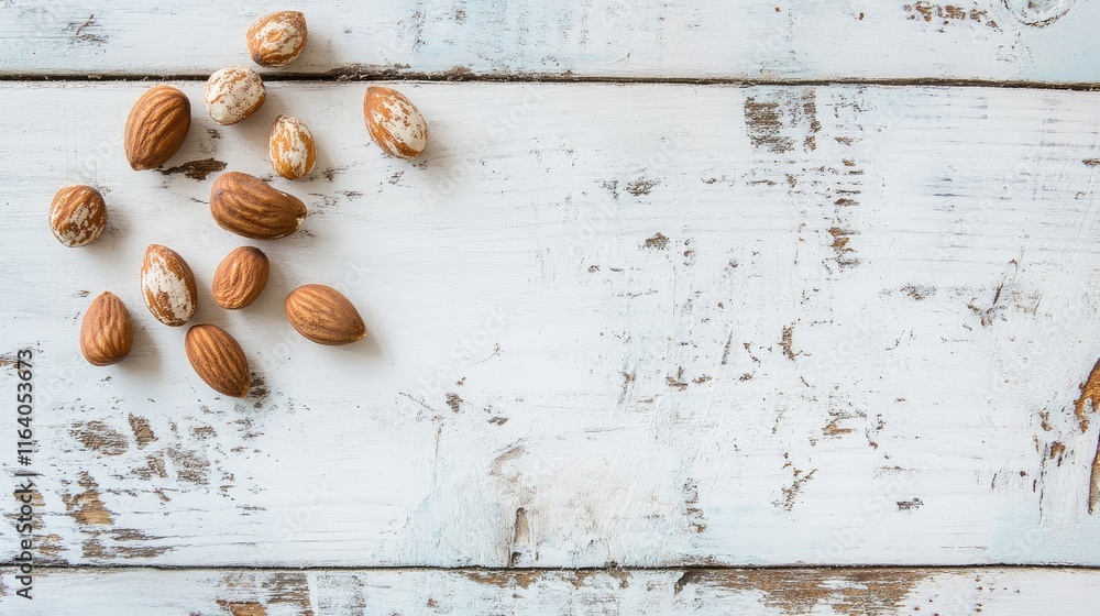 Poster almonds scattered on a rustic white wooden table background creating a natural and inviting food com