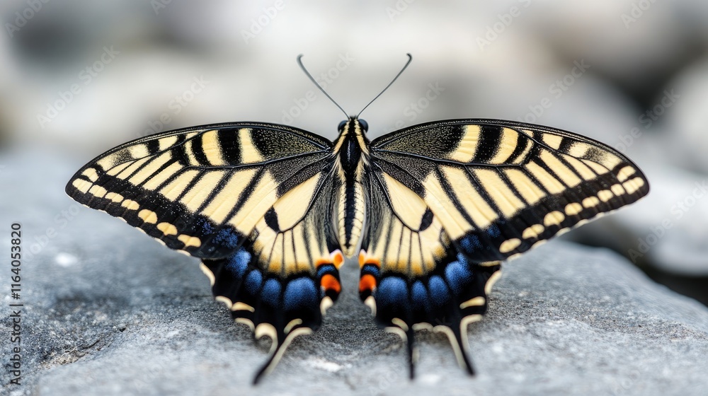 Poster elegant butterfly resting on a stone with a natural blurred background showcasing its vibrant colors