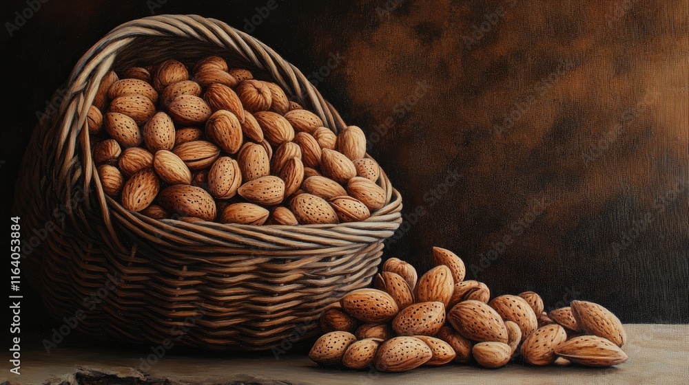 Poster almonds in a rustic wicker basket showcasing natural textures and warm tones in a captivating still 