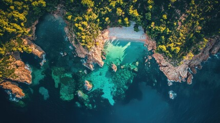 Aerial view of pristine coastline with clear turquoise waters and rocky formations surrounded by lush greenery and serene sandy beach