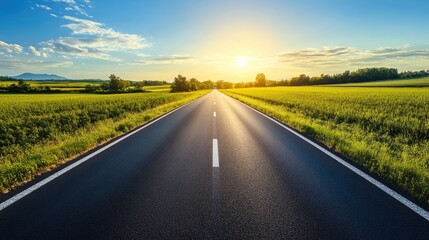 Naklejka premium Aerial perspective of a smooth asphalt road stretching through lush green fields under a bright blue sky and radiant sunlight