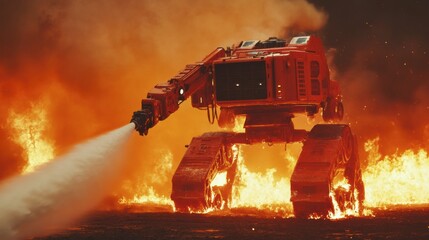 A futuristic firefighting robot extinguishing a massive blaze with precision and efficiency