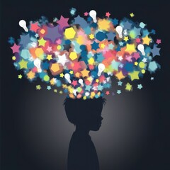 A Silhouette of a Boy with a Cloud of Colorful, Abstract Shapes (Including Lightbulbs, Stars, and Geometric Shapes) Emerging from His Head, Symbolizing a Burst of Creative Thinking and Inspiration