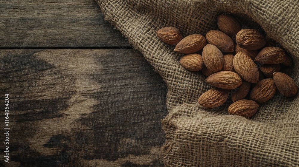 Poster almonds on rustic burlap with wooden background displaying natural textures and warm tones