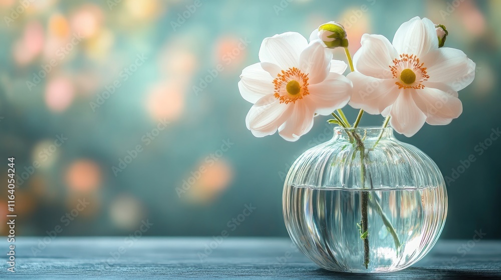 Poster delicate pink flowers in a glass vase with soft bokeh background creating an elegant and serene ambi