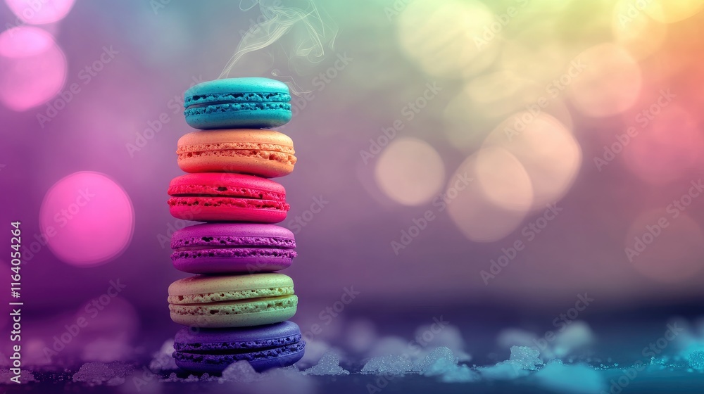 Poster colorful stack of macaroons against a vibrant background with a dreamy bokeh effect highlighting swe