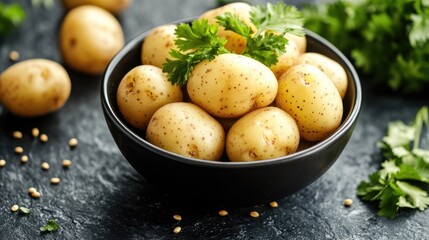 Aloo dish featuring baby potatoes and coriander served in a black bowl on a dark slate background ideal for food photography and culinary presentations