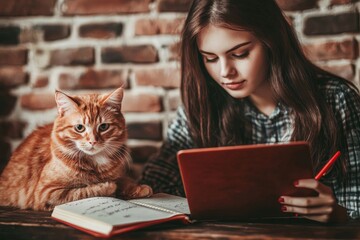Fototapeta premium A girl student working as a freelancer with her laptop at home near the window, focusing on education and remote work, acting as a programmer and running an online business