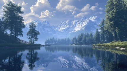 Fototapeta premium Tranquil mountain landscape with stunning lake reflection under a clear sky and lush forests showcasing natural beauty and serenity.