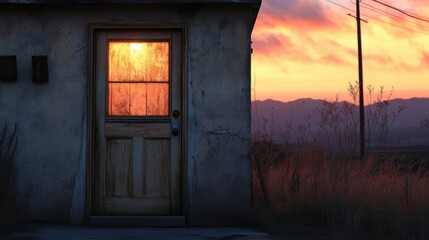 Dramatic sunset illuminating a rustic door with a warm glow in a tranquil countryside setting at dusk