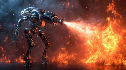 A futuristic firefighting robot extinguishing a massive blaze with precision and efficiency