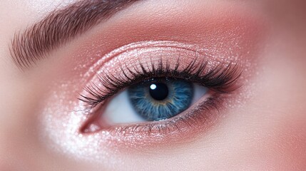 Obraz premium Close up of a beautifully enhanced eye featuring natural lashes and a soft pink tint ideal for bridal or special occasion makeup styles