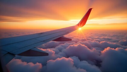 Obraz premium A plane wing extends over sunset-lit clouds, evoking flight's serene beauty.