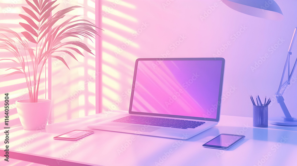 Poster horizontal workspace banner with a laptop and a mobile phone on a clean table -