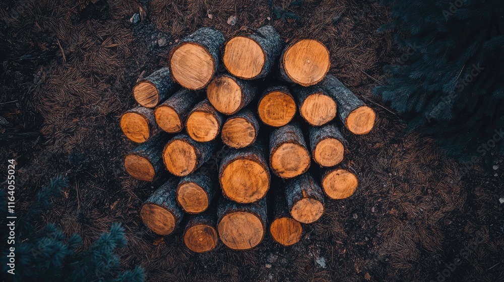 Poster aerial perspective of neatly arranged dry pine logs on forest floor showcasing natural textures and 
