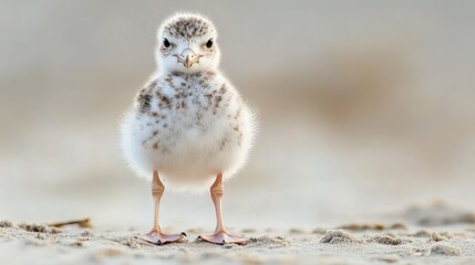 Adorable young brown speckled seagull chick standing confidently on sandy ground in soft natural light setting.
