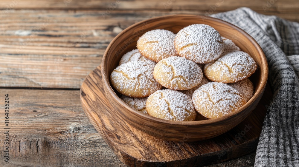 Poster homemade creamy gingerbread cookies dusted with powdered sugar in a wooden bowl on rustic background