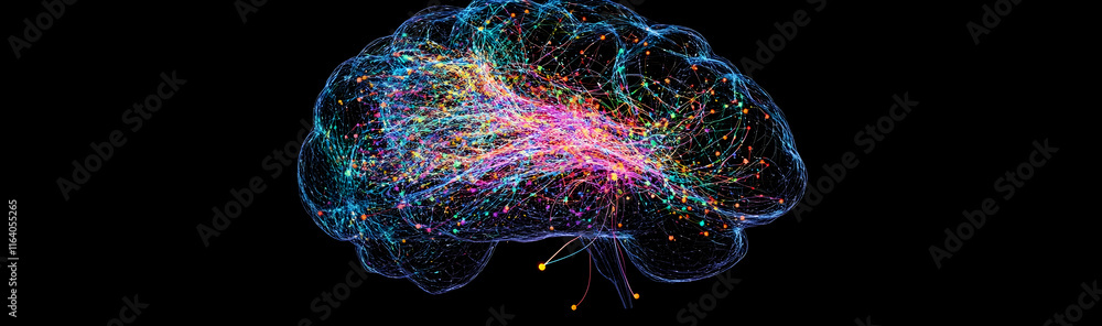 Poster human brain illustration with colorful synapses transmitting signals in a neural web -