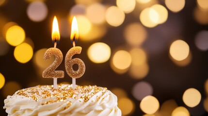 26th Birthday Cake with Candle Flame and Bokeh Background for Celebration Party Theme