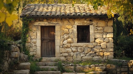 Naklejka premium Stone cottage with rustic charm surrounded by nature showcasing a sturdy foundation and traditional architecture in autumnal setting