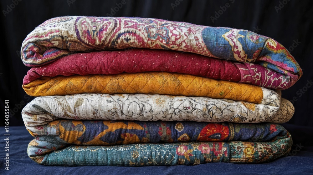 Poster neatly folded vibrant blankets arranged in a stylish stack showcasing intricate patterns and rich co