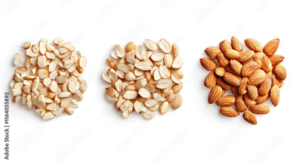 Poster shelled almond pieces assorted on white background showcasing top view of whole and broken nuts with