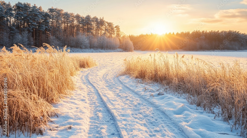 Poster serene winter landscape with sun rising over snowy field and trees creating a tranquil and warm atmo