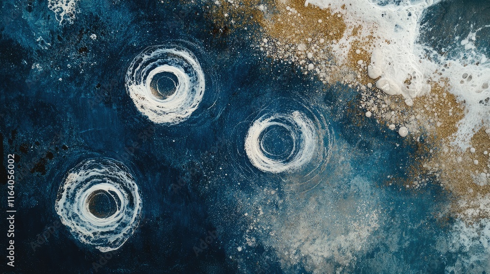 Poster aerial view of coastal abstract seascape with waves and circular patterns on sandy beach texture